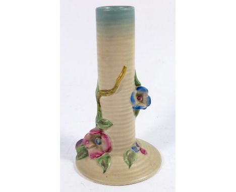 Clarice Cliff for Newport Pottery, a My Garden spill vase, relief moulded cylindrical and footed form, moulded mark, 19cm hig