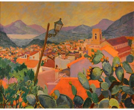 Olwen Tarrant FROI (b.1927), The Lamp on the Hill, oil on canvas, signed, 65cm x 82cm, framed