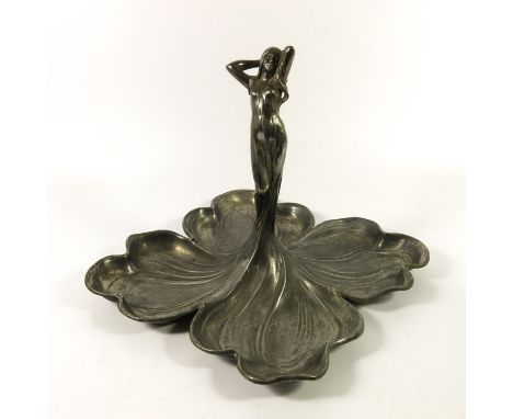 WMF, a Jugendstil silver plated figural dish, model 169/4, the central figure of a woman in sinuous dress, forming four trays