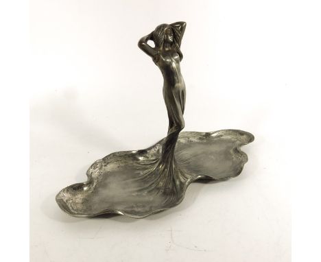 WMF, a Jugendstil silver plated figural dish, model 169, the central figure of a woman in sinuous dress, forming two trays, i