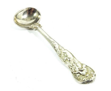 A 19th century silver salt spoon, Paul Storr overstruck with John Samuel Hunt (Hunt and Roskell), London 1855, cast with Stag