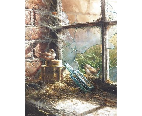 † Michael Jackson (b.1961), Wrens in a Barn, watercolour and goucache, signed and dated 1992, 43cm x 33cm, framed