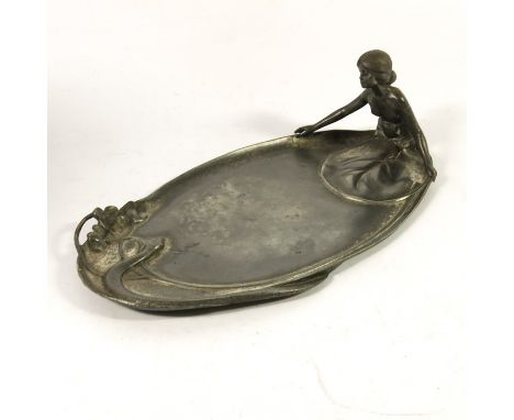 WMF, a Jugendstil silver plated tray, model 249, modelled as a nude woman on the edge of a lily pond, with snake and flowers,