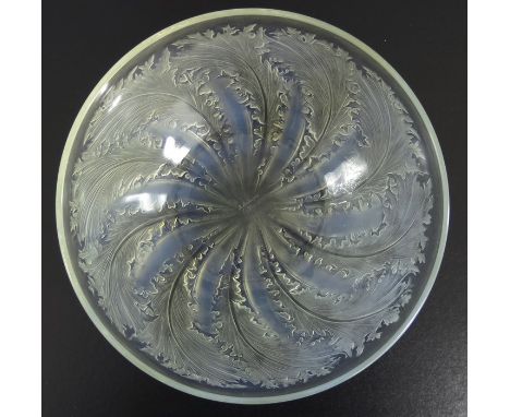 Rene Lalique, a Chicoree glass bowl, model 3213, designed circa 1921, blue opalescent, engraved mark to centre R Lalique Fran