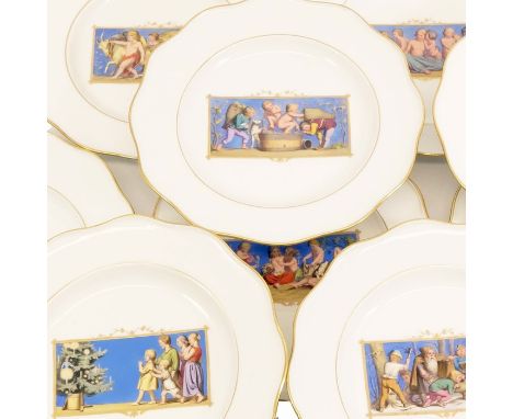 A set of eleven Meissen pictorial dessert plates, painted with vignettes of children in leisure, industry and learning, signe