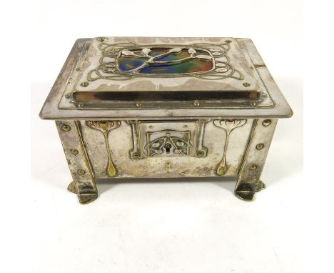 A Jugendstil silver plated and enamelled casket, circa 1900, riveted corner legs, the panelled sides embossed with stylised h