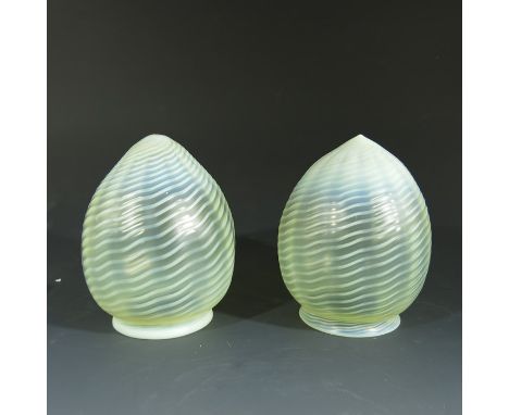 John Walsh Walsh for W A S Benson, a pair of Arts and Crafts straw opal and opaque threaded glass light shades, ovoid egg for