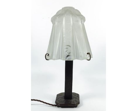 Muller freres, an Art Deco table lamp, French circa 1930s, the cast iron table lamp with frosted Muller Freres style shade 