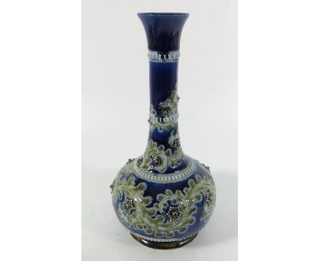 George Tinworth for Doulton Lambeth, a stoneware seaweed vase, 1879, globe and shaft form, relief moulded with prunts, incise