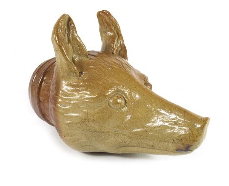 A Lambeth stoneware fox mask flask, Stephen, Green Imperial Potteries, realistically modelled in relief, impressed marks, 19c