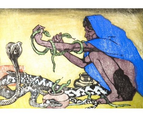 Mabel Royds (1874-1941), Snake Charmer (M.B. 14), coloured woodblock print, signed and titled, 13.5cm x 18cm