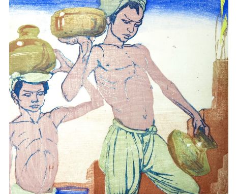 Mabel Royds (1874-1941), Water Carriers (M.B. 19), coloured woodblock print, signed, 19cm x 23cm