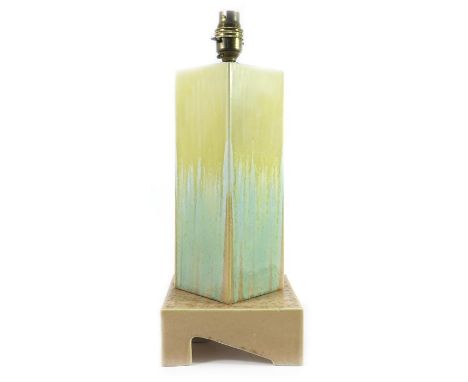 A Ruskin crystalline lamp base, circa 1930, the square section body on an off centre asymetrical bracket foot slab base, impr