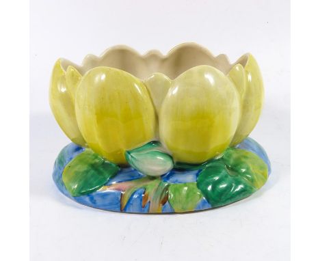 Clarice Cliff for Newport Pottery, a Water Lily bowl, yellow and blue, printed Clarice mark, 22.5cm long