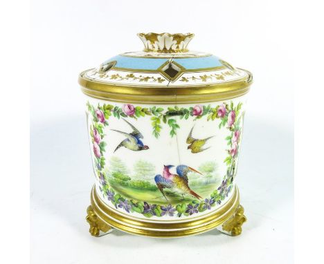 A Royal Worcester potpourri pot and cover, circa 1860, cylindrical form, painted with exotic birds within a rose and floral c