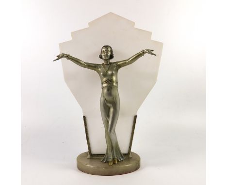 An Art Deco cold painted figural lamp, circa 1930, modelled as a cabaret singer, with white Perspex plate, on alabaster base,