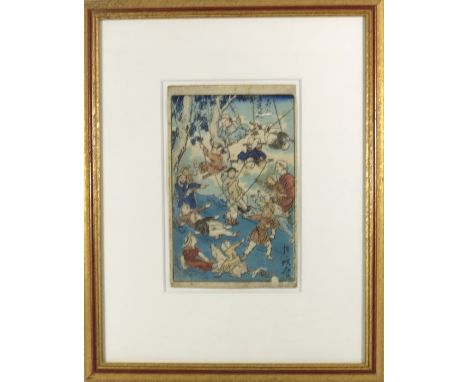 Kawanabe Kyosai (1831-1889), Children Swinging, Japanese woodblock print, 18cm x 12cm, framed