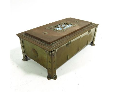 A Jugendstil silver plated and enamelled copper casket, circa 1900, riveted corner legs, the panelled sides embossed with sty