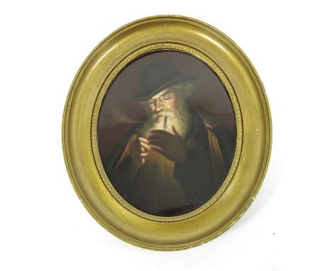 A Vienna style porcelain plaque, painted with a man smoking a pipe, 16cm x 12.5cm, framed