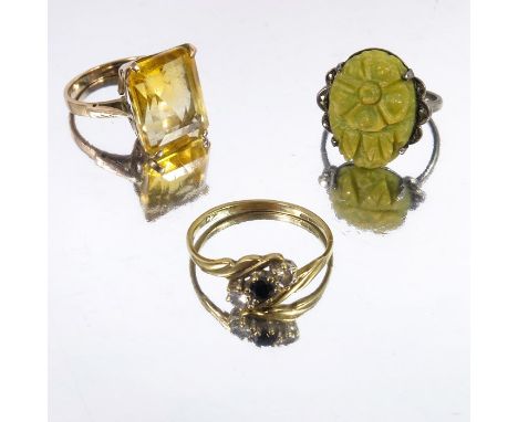 Three rings including Art Deco jade type and marcasite, citrine and diamond and sapphire (3)