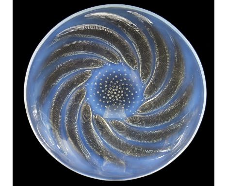 Rene Lalique, a Poissons glass dish, model 3263, designed circa 1921, blue opalescent, raised mark to centre R Lalique, 29.5c