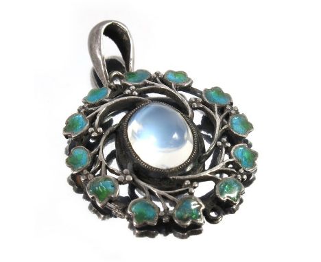 Jessie M King for Liberty and Co., an Arts and Crafts silver, enamel and moonstone pendant, circa 1900, blue green enamelled 