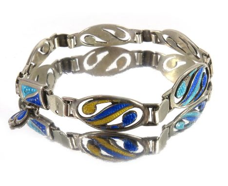 An Arts and Crafts silver and enamelled bracelet, Stainton Brothers, Birmingham 1908, alternating blue yellow and blue turquo