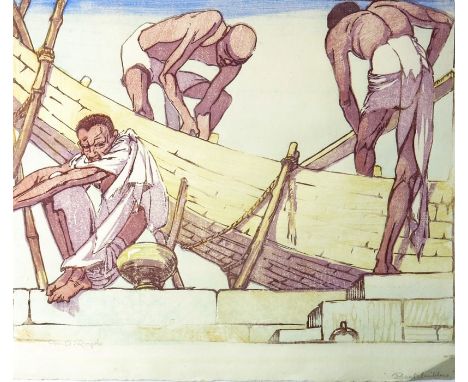 Mabel Royds (1874-1941), Boat Builders (M.B. 30), coloured woodblock print, signed and titled, 23cm x 30cm