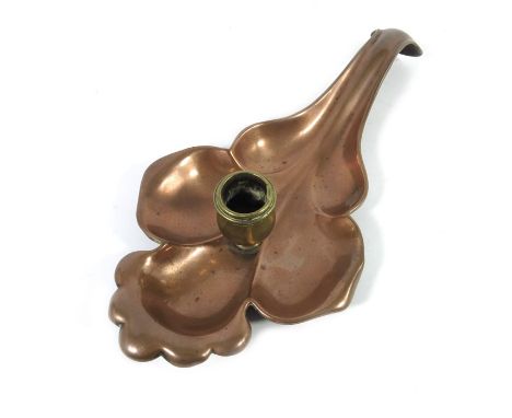 W A S Benson, an Arts and Crafts copper and brass chamberstick, variation of model 744, in the form of a stylised leaf, with 