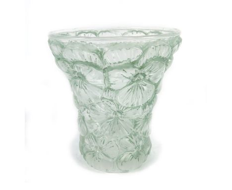 Josef Inwald for Barolac, a Pansy glass vase, model 603, circa 1930, green stained, acid mark made in Czechoslovakia, 14.5cm 
