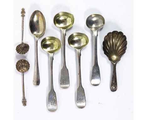 A collection of George III and later silver salt spoons and a caddy spoon, various makers and dates from 1778, 3.39ozt