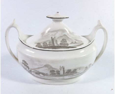 A Spode Bat printed New Oval sugar box or sucriere, pattern 2208, circa 1814, the body with P301 and P245 to either side, the