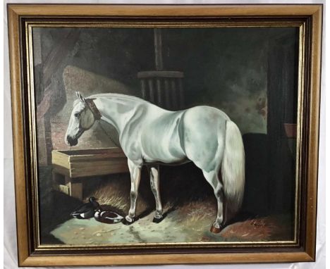 Lucas Tesoriero (contemporary), oil on canvas, A grey hunter and some ducks in a stable, signed, 50 x 60cm, in wooden frame