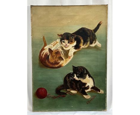 George Goodall, oil on canvas, early 20th century of kittens playing. 35.5cm x 25.5cm. Unframed                              