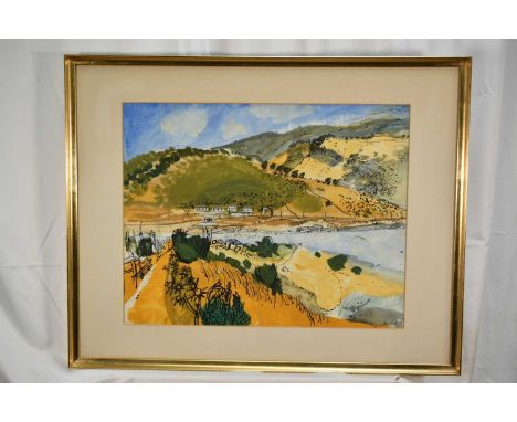 English School, late 20th century mixed media - Yellow landscape, signed Moore, 43cm x 55cm, in glazed frame