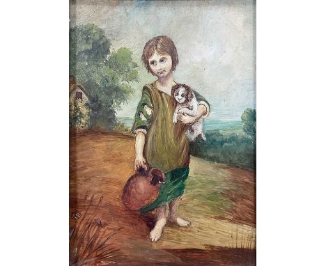 English School early 19th century, oil on board, child standing in a landscape, a puppy under one arm and a pitcher in the ot