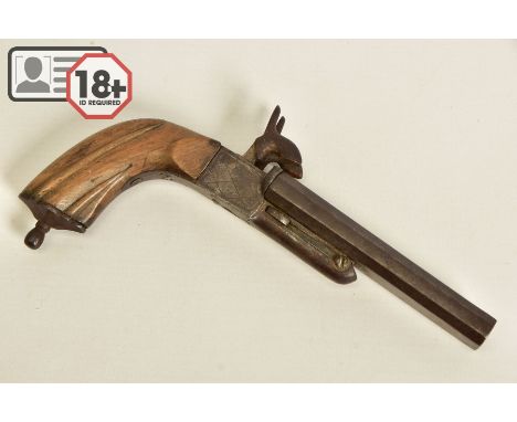 A 12MM PIN FIRE DOUBLE BARREL SIDE BY SIDE PISTOL, fitted with a 4¾'' barrels, it bears no visible proof marks or makers iden