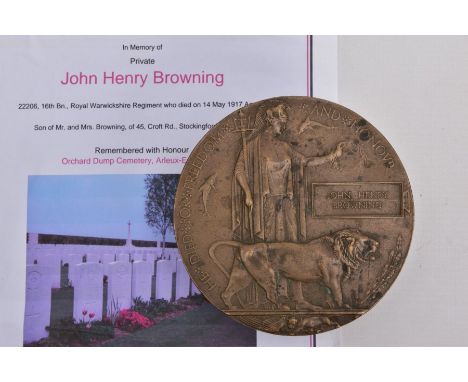 A WWII MEMORIAL DEATH PLAQUE NAMED JOHN HENRY BROWNING, Pte 22206 16th Btn (3rd Birmingham Pals) Warwickshire Reg't, who was 