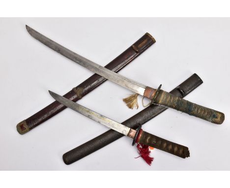 TWO JAPANESE WWII ERA SHORT SWORDS 'Gunto/Tanto' designs, blade length approximately 44cm, tang is marked, but the whole grip