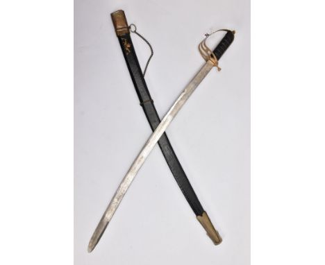 A LOW QUALITY SWORD AND SCABBARD, blade is curved and approximately 80cm in length, the blade is slightly etched with a desig