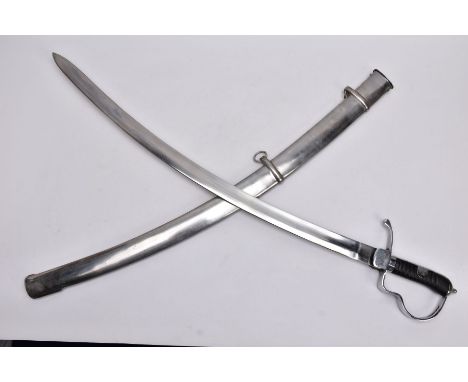 A LARGE SILVER COLOURED SWORD AND SCABBARD, in the design of a late 18th century sabre/cutlass style weapon, blade is curved 