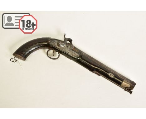 AN ANTIQUE 28 BORE FULL STOCKED PERCUSSION SINGLE BARREL HOLSTER PISTOL, fitted with a round 7¼'' barrel neatly converted fro