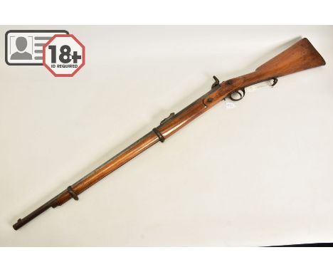 A .577'' VOLUNTEER PATTERN P53 TWO BAND PERCUSSION RIFLE BEARING POST 1855 BIRMINGHAM COMMERCIAL PROOF HOUSE MARKS, its lock 