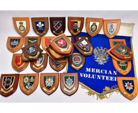 THIRTY FOUR WOODEN WALL PLAQUES RELATING TO BRITISH ARMY UNITS AND REGIMENTS, both past and present, many units and sections 