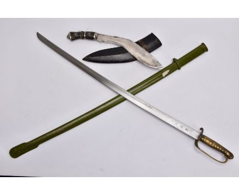 A CHINESE? POST WWII PATTERN MILITARY SWORD AND GREEN PAINTED METAL SCABBARD, the blade is fullered and slightly curved, appr