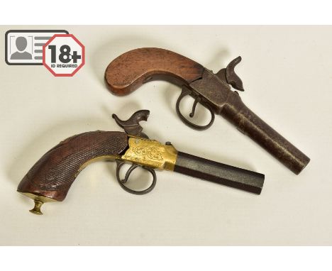 TWO ANTIQUE PERCUSSION BOXLOCK POCKET PISTOLS, the first has a round 56 bore 2¾'' screw off barrel which bears Birmingham pre