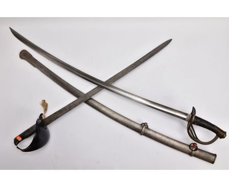 TWO MILITARY RELATED SWORDS, to include a large curved sword with metal silver coloured scabbard, blade length approximately 