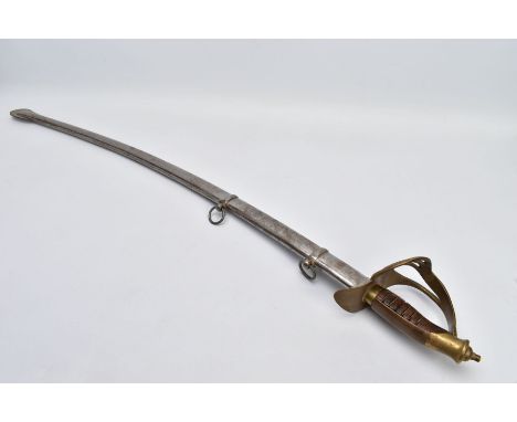 A LARGE CURVED BLADE MILITARY STYLE SWORD with silver coloured metal scabbard, blade length approximately 86cm, the blade has