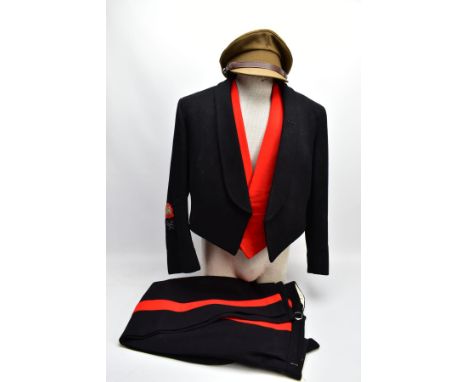 AN OFFICERS MESS DRESS EVENING WEAR SUIT, three piece jacket, waistcoat and trousers, black with red trim etc, insignia to ri