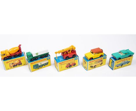 5x Matchbox Series. 18e; Field Car in yellow with unpainted base. 21d; Foden Concrete Truck in yellow and red. 31c; Lincoln C